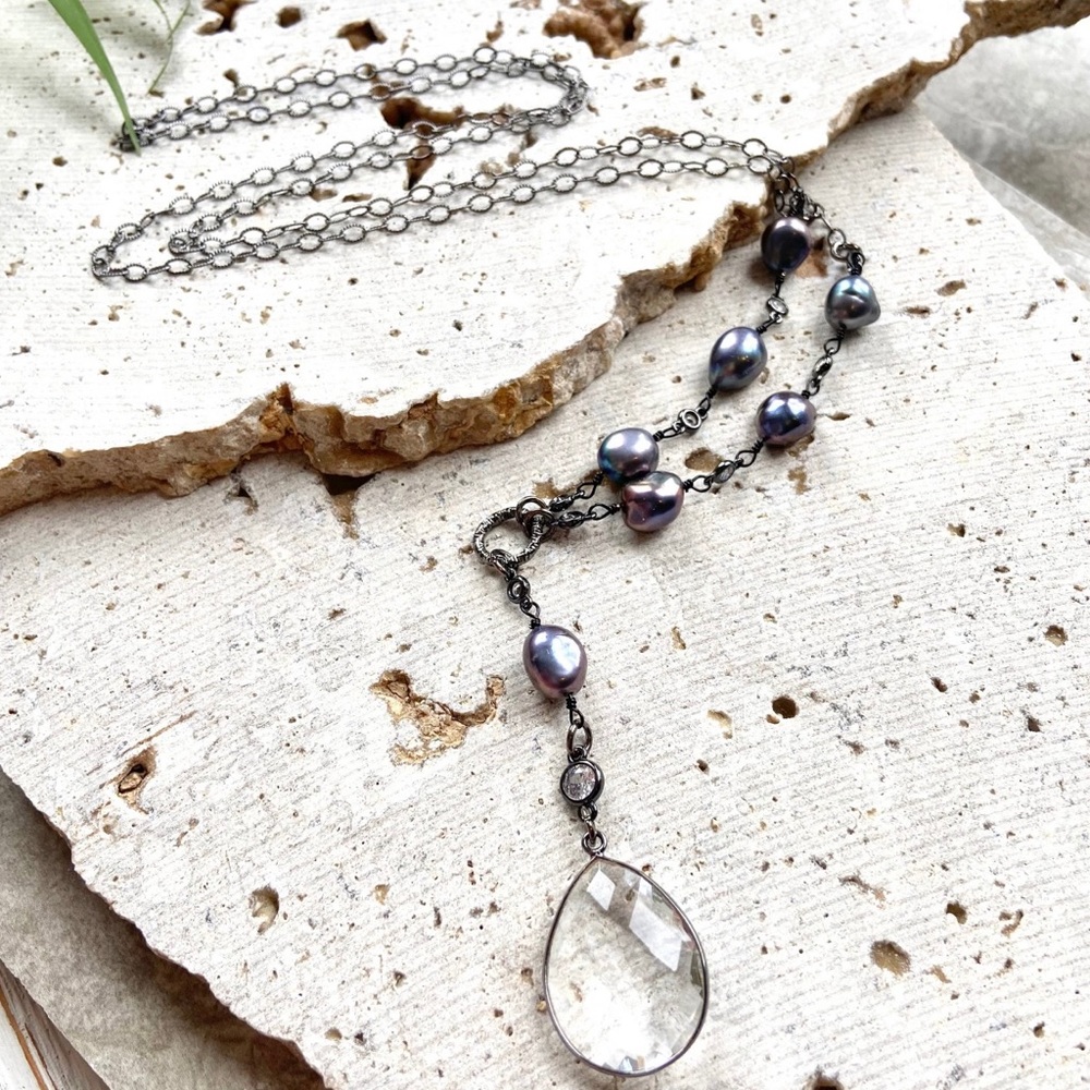 Crystal and pearl long necklace